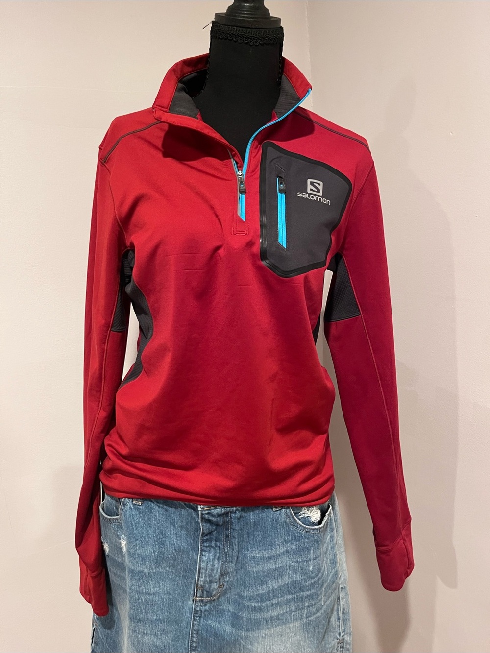 Salomon Red Men's Half-Zip Performance Pullover with Blue Accents
